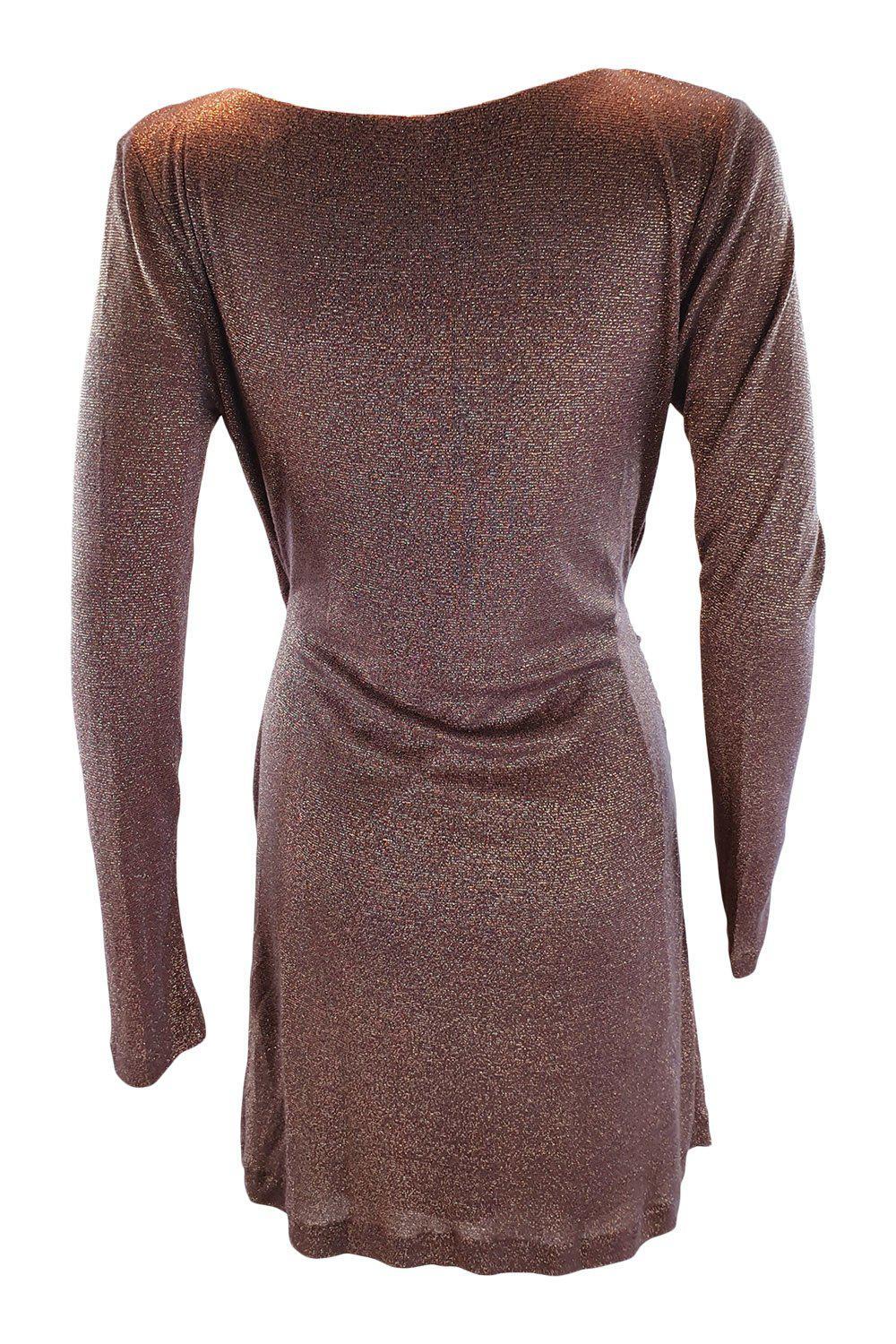HALSTON HERITAGE Brown Glittery Lurex Long Sleeve Faux Wrap Dress (8)-Halston Heritage-The Freperie