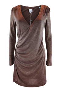 HALSTON HERITAGE Brown Glittery Lurex Long Sleeve Faux Wrap Dress (8)-Halston Heritage-The Freperie