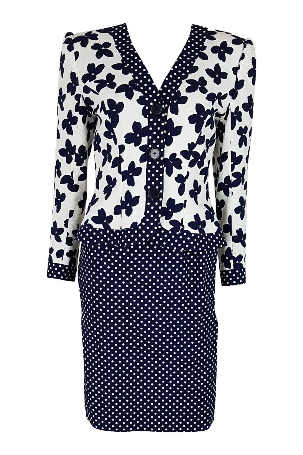HARDY AMIES Vintage Polka Dot Skirt Floral Jacket Set (UK 10)-Hardy Amies-The Freperie