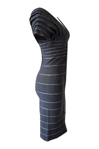 HERVE LEGER Grey Short Sleeved V Neck Bandage Dress (S)-Hervé Léger‎-The Freperie