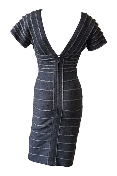 HERVE LEGER Grey V Neck V Back Short Sleeved Bandage Dress (S) The Freperie HERVE LEGER Grey V Neck V Back Short Sleeved Bandage Dress (S) The Freperie