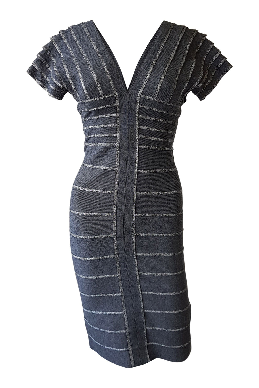 HERVE LEGER Grey Short Sleeved V Neck Bandage Dress (S)-Hervé Léger‎-The Freperie