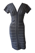 Load image into Gallery viewer, HERVE LEGER Grey Short Sleeved V Neck Bandage Dress (S)-Hervé Léger‎-The Freperie
