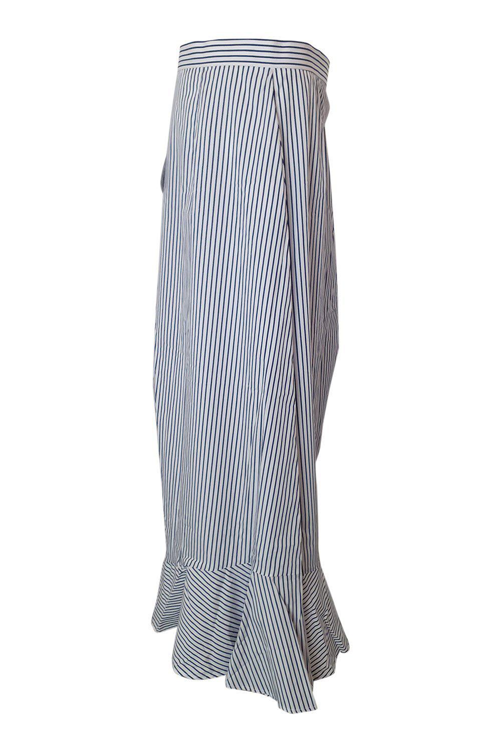 IRIS & INK Blue White Striped Cotton Asymmetric Midi Skirt (UK 14)-Iris & Ink-The Freperie
