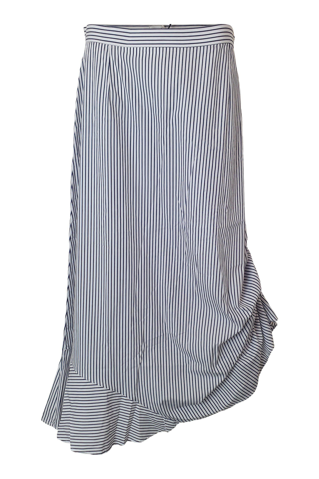 IRIS & INK Blue White Striped Cotton Asymmetric Midi Skirt (UK 14)-Iris & Ink-The Freperie
