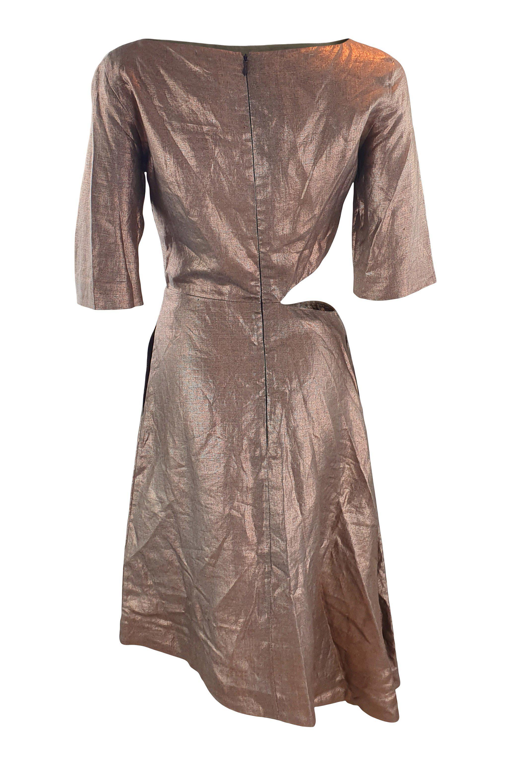 ISA ARFEN Bronze 3/4 Sleeve Cut Out Linen Dress (UK 10)-Isa Arfen-The Freperie