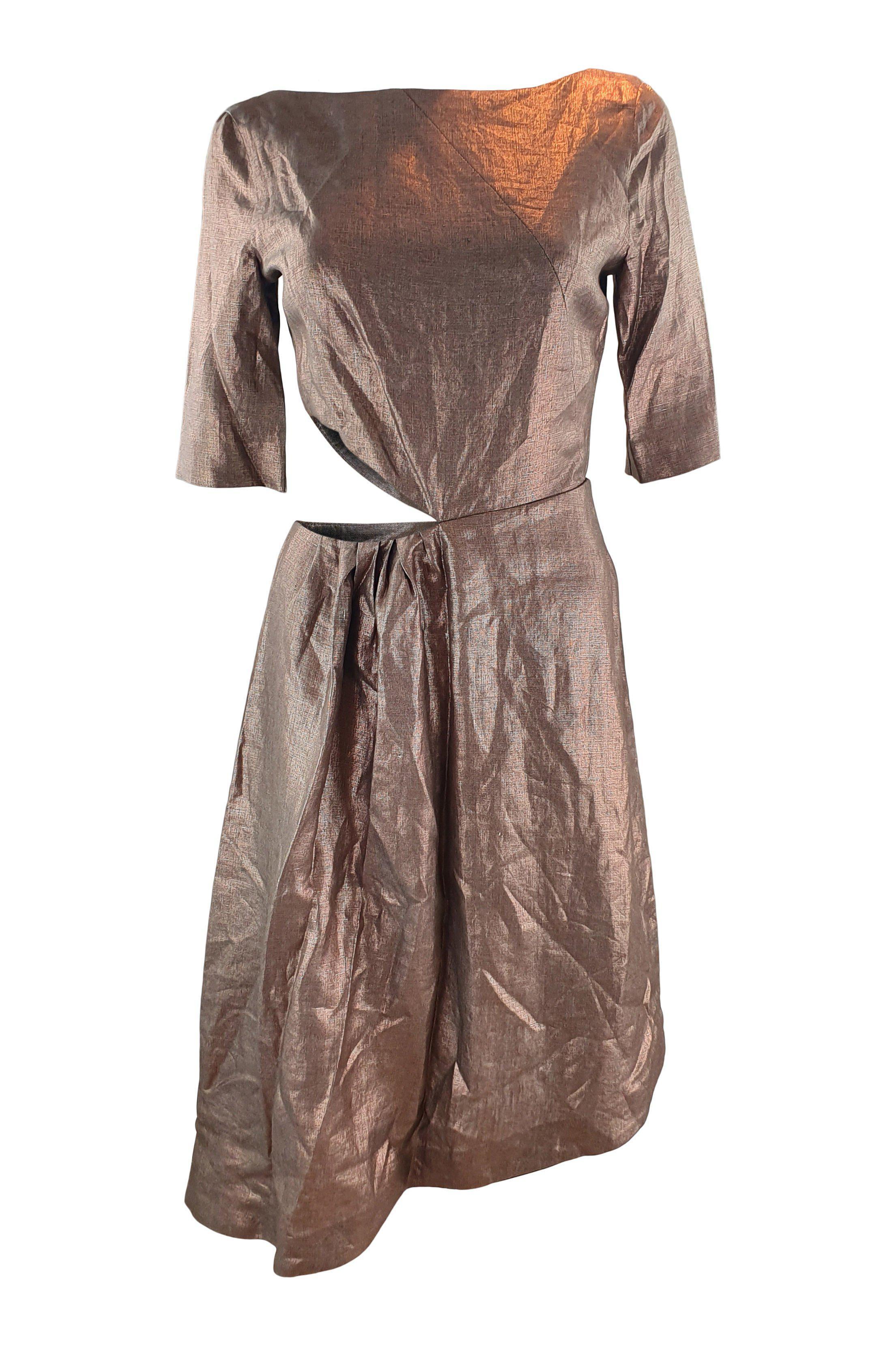 ISA ARFEN Bronze 3/4 Sleeve Cut Out Linen Dress (UK 10)-Isa Arfen-The Freperie