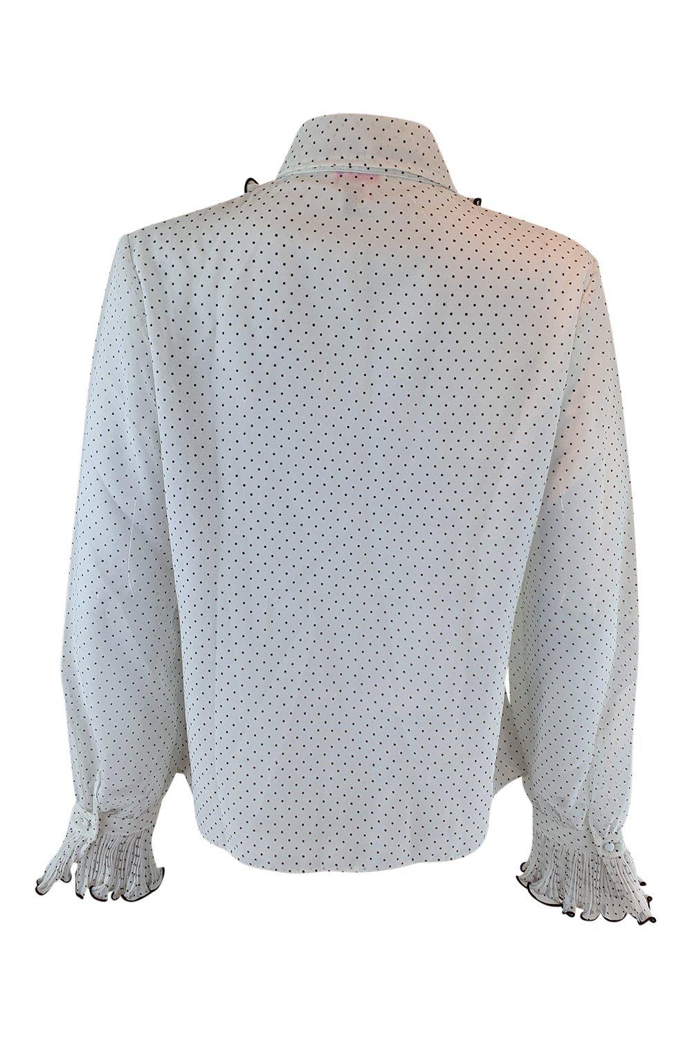 JANET COLTON Vintage White Polyester Polka Dot Ruffled Collar Shirt (40)-The Freperie