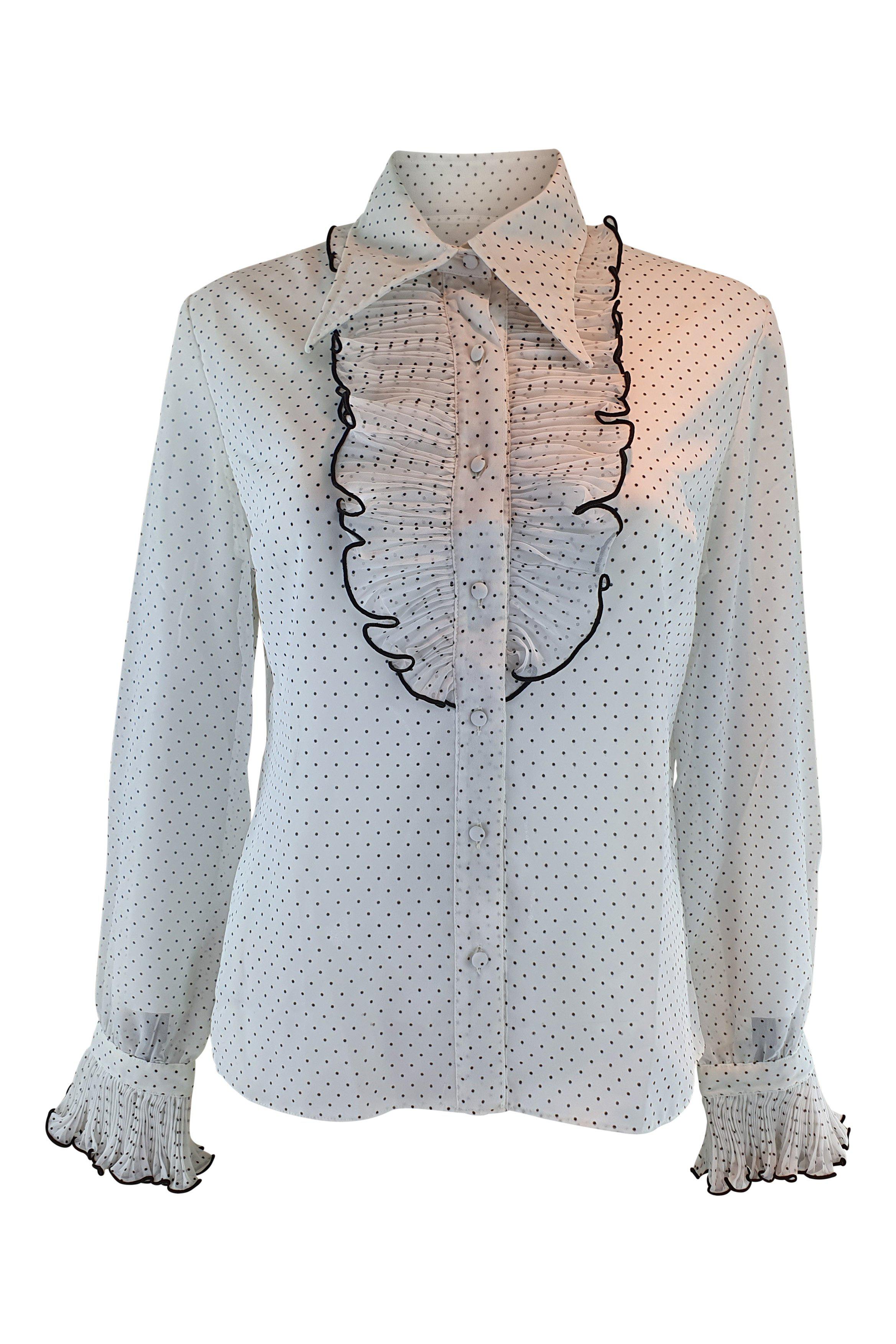 JANET COLTON Vintage White Polyester Polka Dot Ruffled Collar Shirt (40)-The Freperie