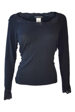 Load image into Gallery viewer, JOSIE NATORI Black Fitted Long Sleeved Top Laced Edging (L)-Josie Natori-The Freperie
