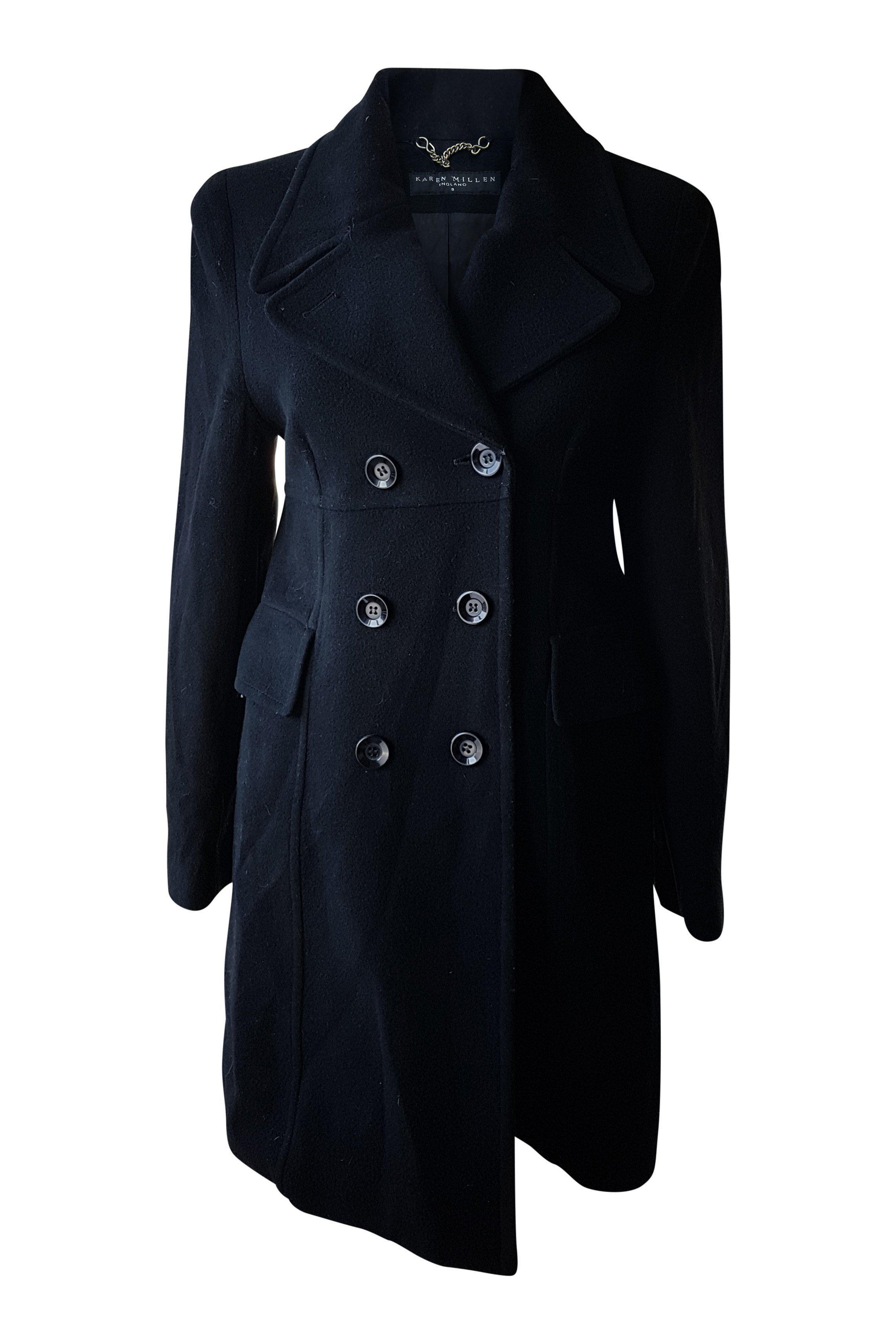 KAREN MILLEN Black Wool and Cashmere Blend Pea Coat (UK 8)-Karen Millen-The Freperie