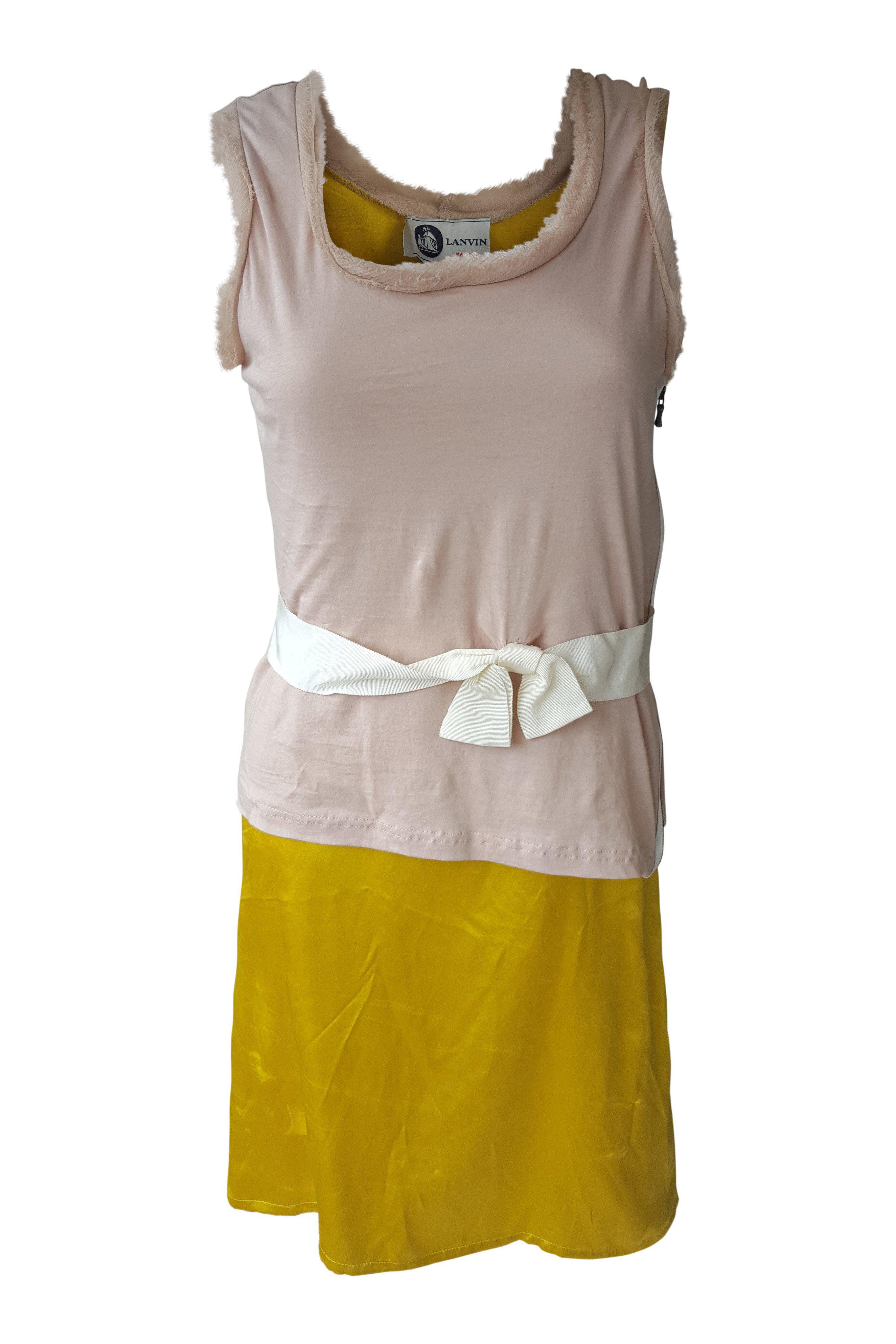 LANVIN Vintage Chartreuse Yellow and Wheat Silk and Cotton Dress (S)-LANVIN-The Freperie