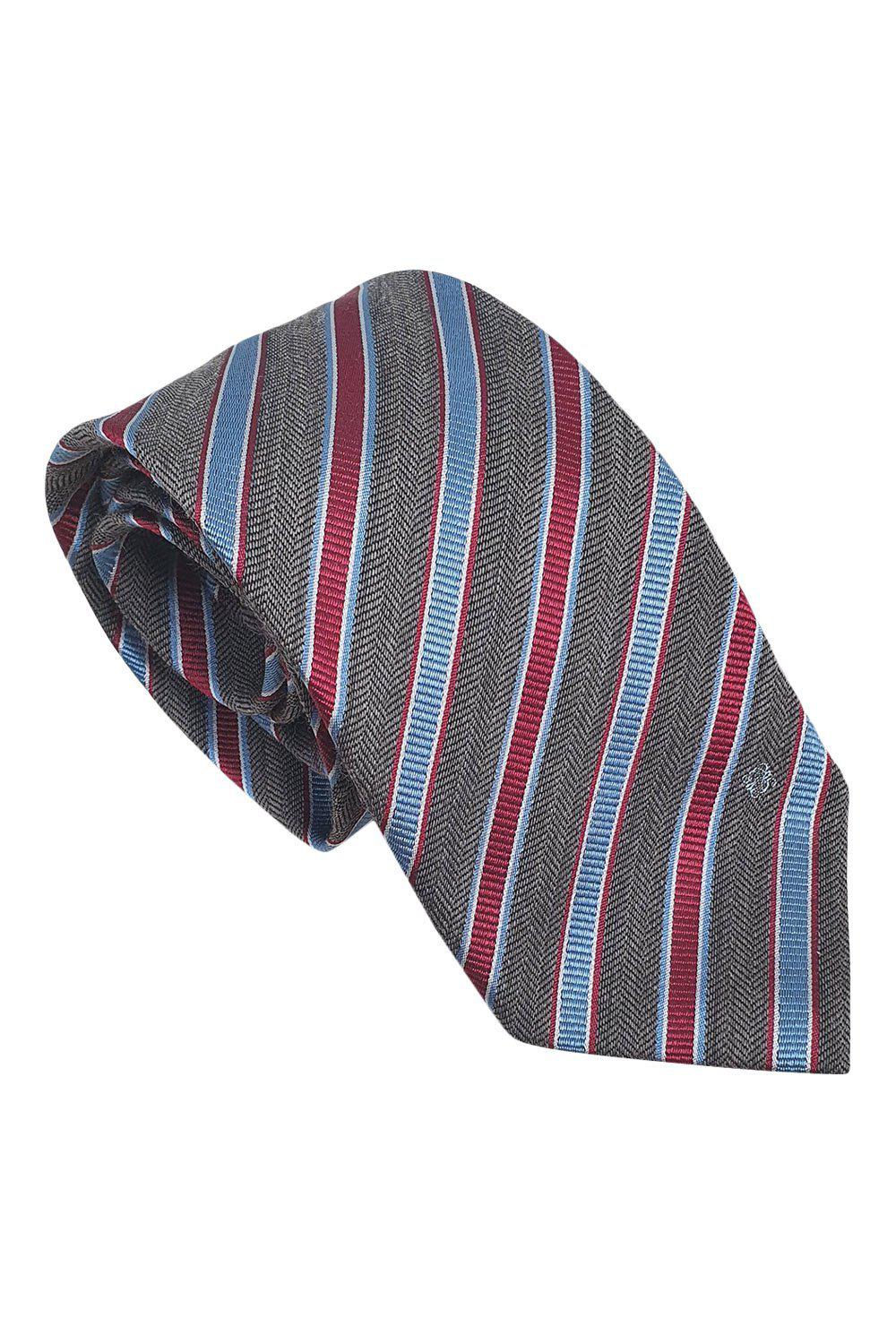 LOEWE 100% Silk Brown Tie Red Blue And White Stripes Repeat (60" L | W 3.3")-The Freperie