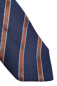 LOEWE 100% Silk Dark Blue Tie Bronze And Light Blue Stripes Repeat (60" L | 3.5" W)-The Freperie