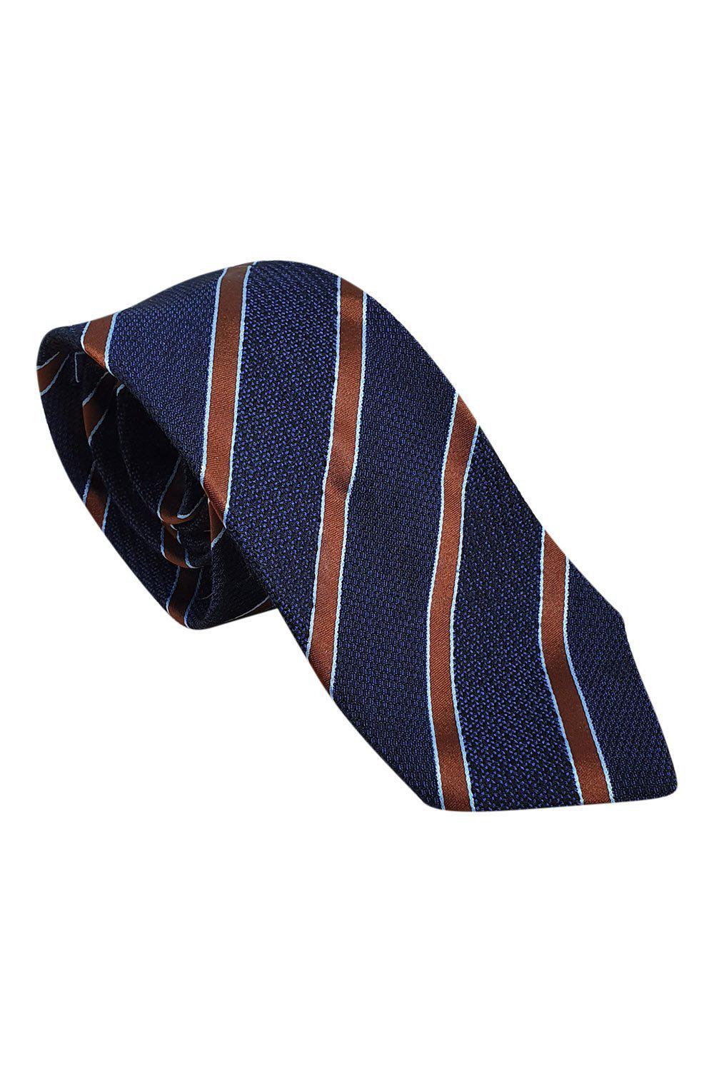 LOEWE 100% Silk Dark Blue Tie Bronze And Light Blue Stripes Repeat (60" L | 3.5" W)-The Freperie
