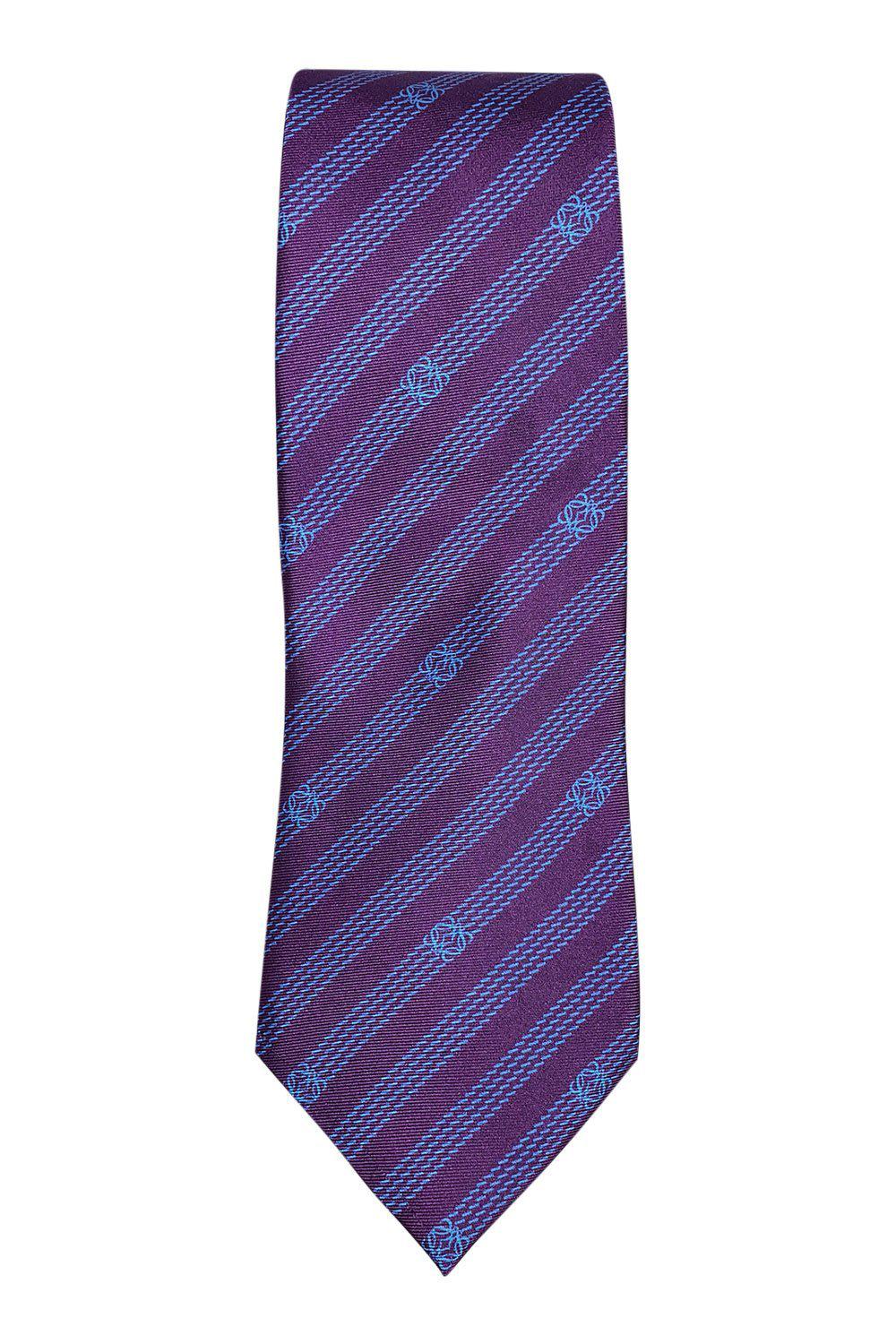 LOEWE 100% Silk Purple Tie Blue Pinstripe Logo Repeat (60" L | 3.6" W)-The Freperie