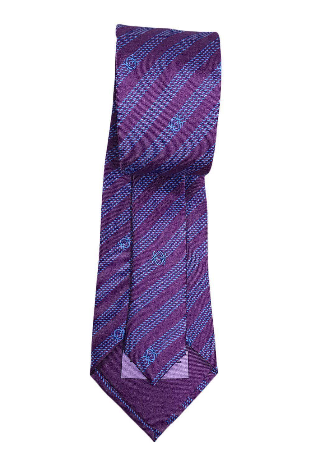 LOEWE 100% Silk Purple Tie Blue Pinstripe Logo Repeat (60" L | 3.6" W)-The Freperie