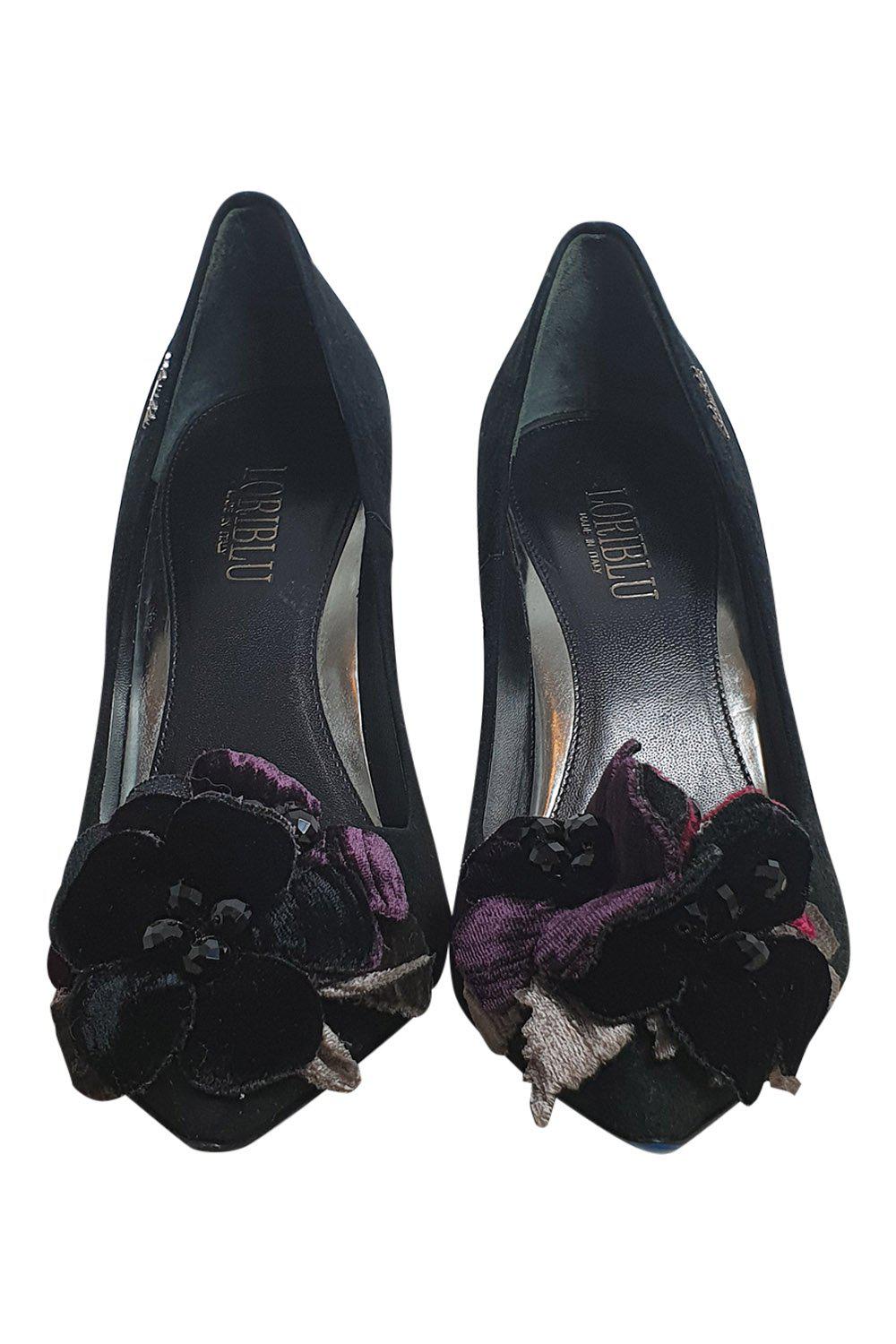 LORIBLU Black Floral Suede Pointed Toe Stiletto Heel (38)-The Freperie