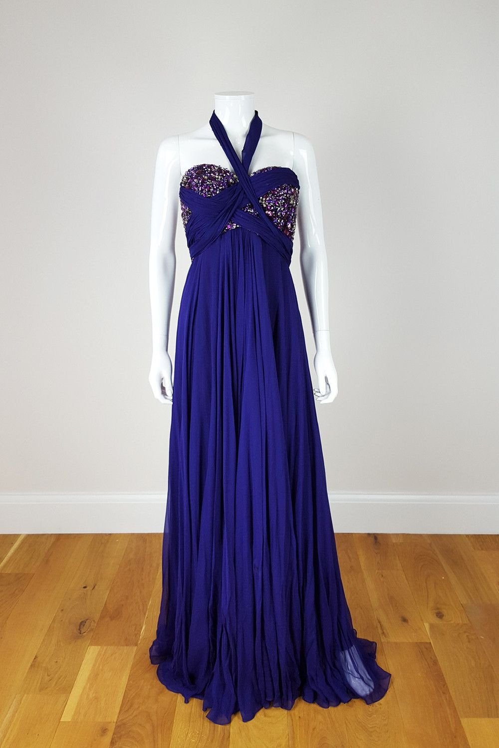 MARCHESA Couture Strapless Embellished Silk Chiffon Gown (UK 8)-Marchesa-The Freperie