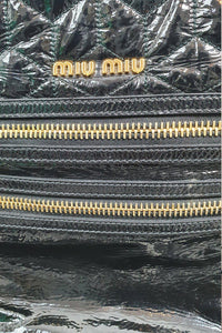 MIU MIU Black Patent Leather Part Quilted Shoulder Bag (L)-The Freperie