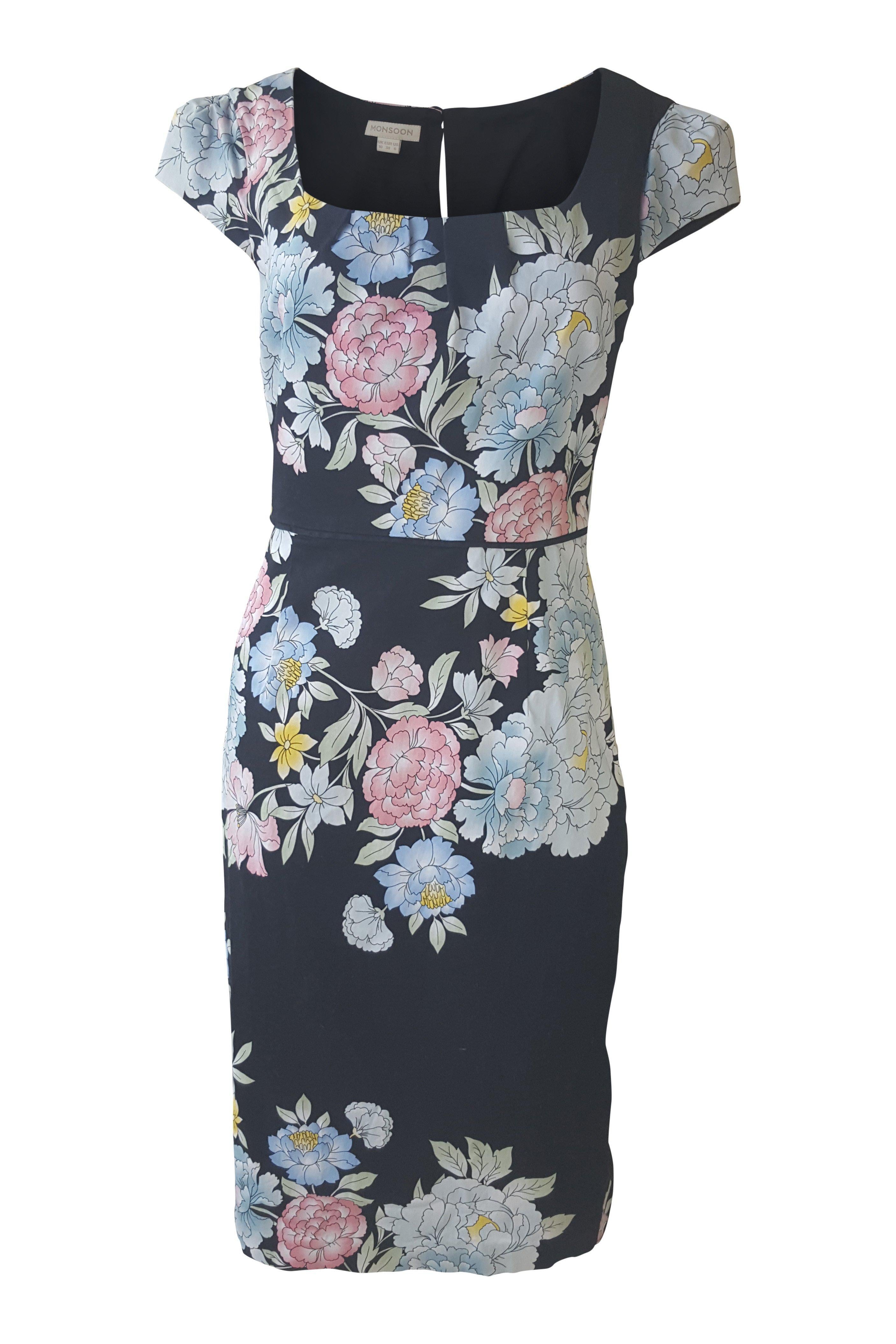 MONSOON Black Floral Print Vintage Style Pin-Up Wiggle Dress (UK 10)-Monsoon-The Freperie