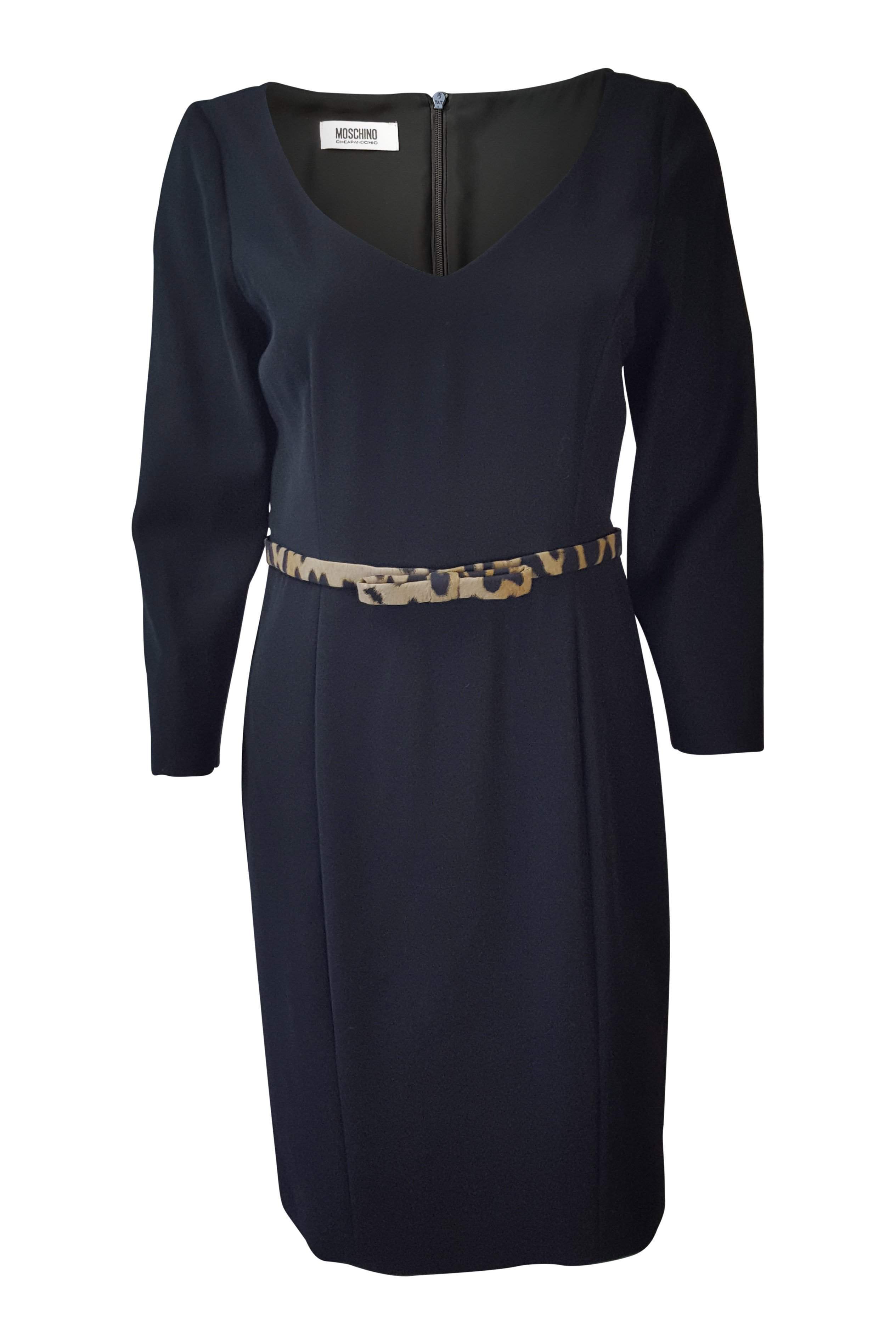 MOSCHINO Black Leopard Print Belt Dress (UK 12)-Moschino-The Freperie