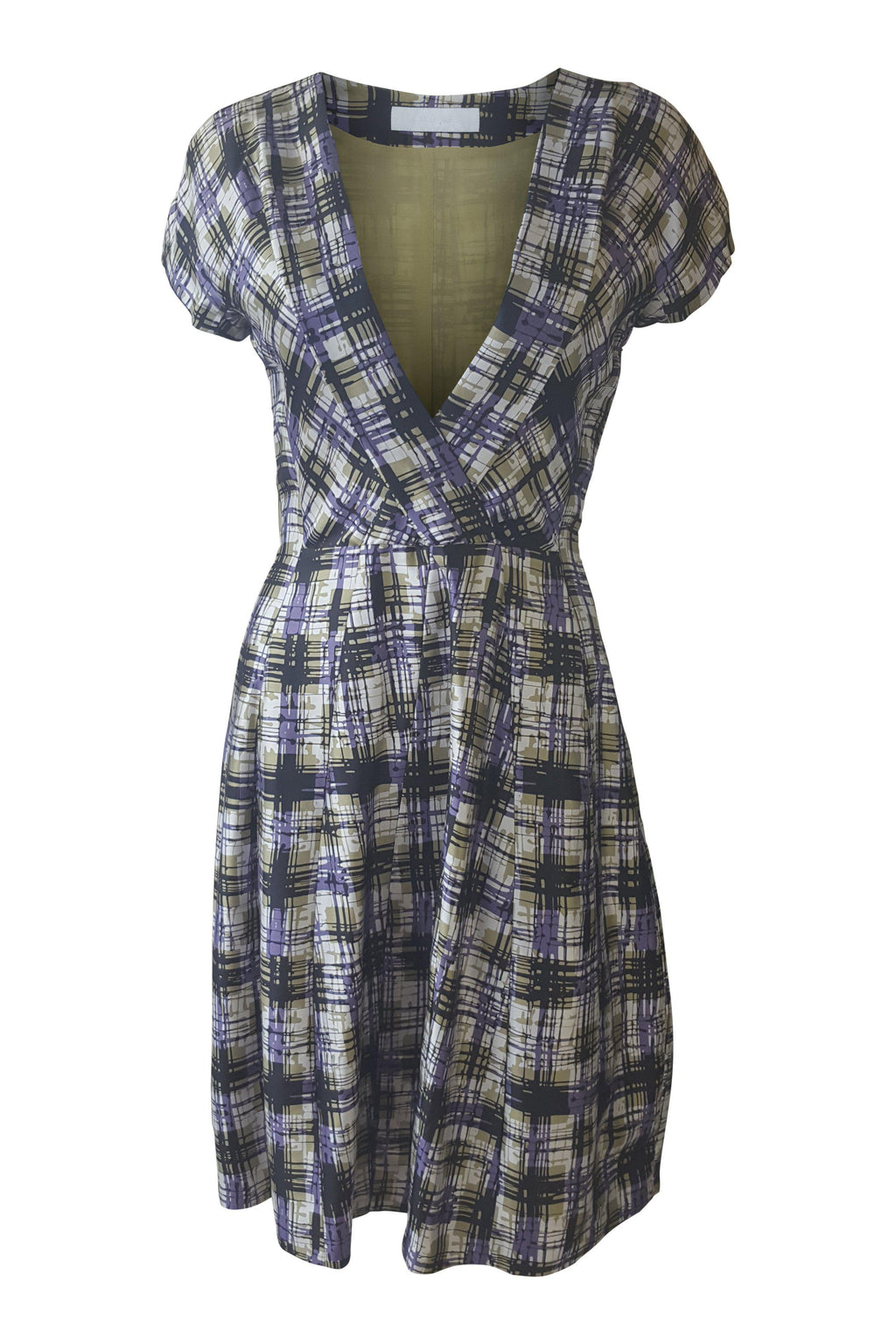NICOLE FARHI Purple Green 100% Silk Graphic Print Tea Dress (UK 8)-Nicole Farhi-The Freperie