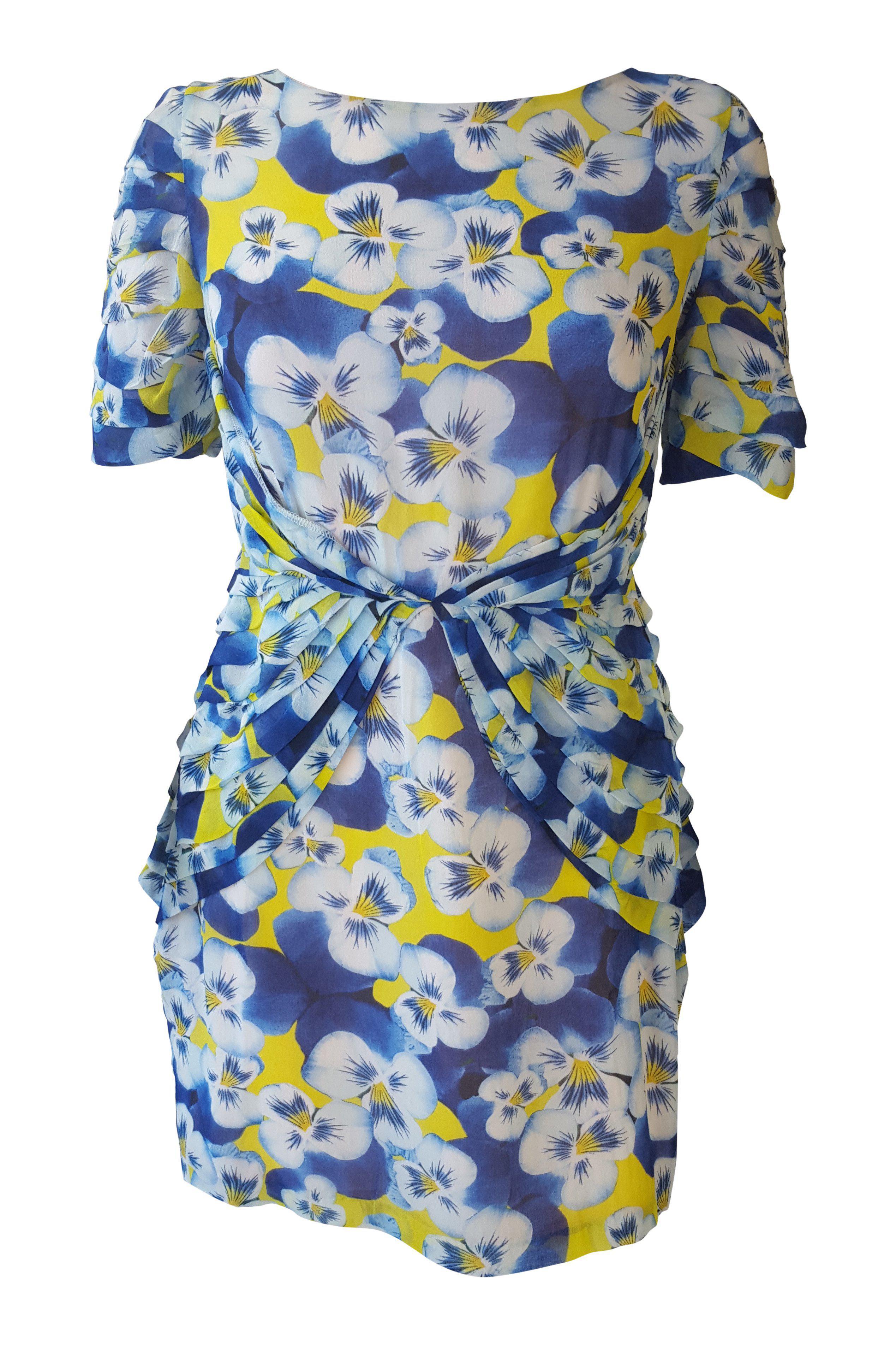 OLIVIA RUBIN Blue Yellow White Silk Pansy Print Mini Dress (UK 8)-Olivia Rubin-The Freperie