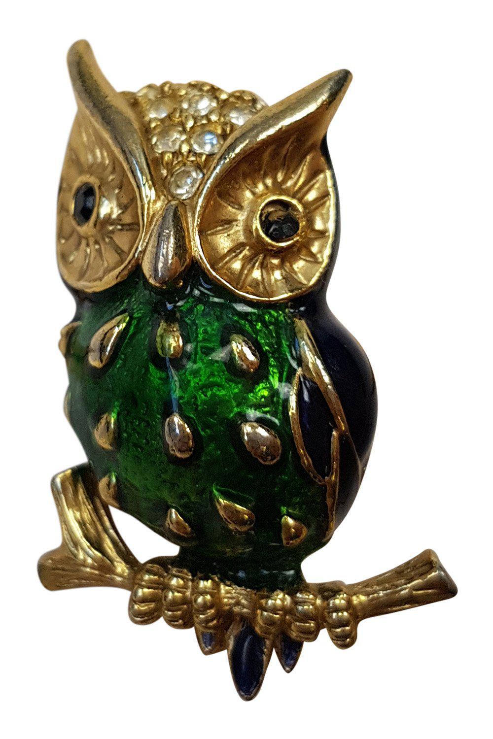 OWL BROOCH Gold Plated Enamelled Blue Gem In Lay Eyes-Unbranded-The Freperie