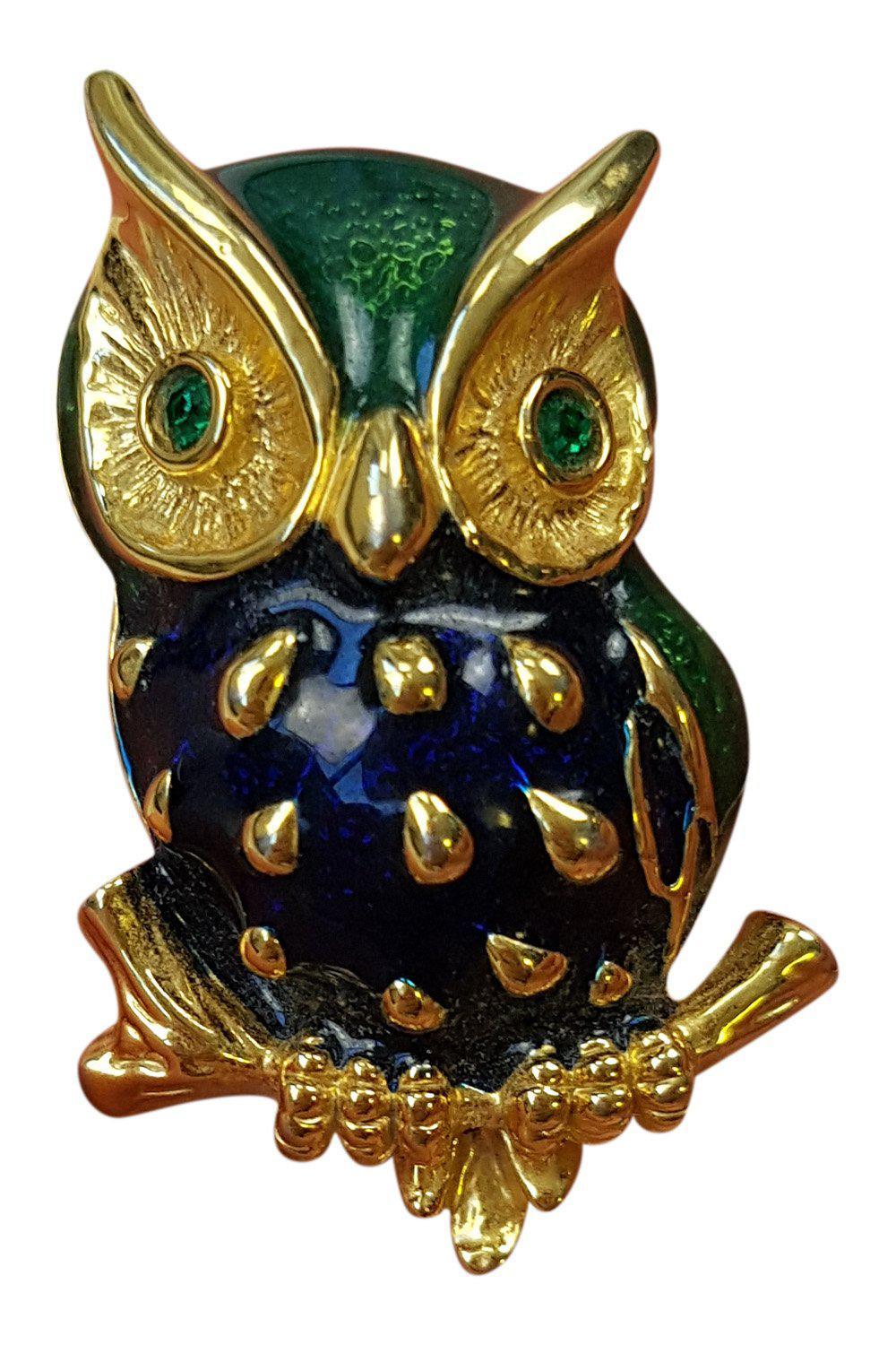 OWL BROOCH Gold Plated Enamelled Green Gem In Lay Eyes-Unbranded-The Freperie