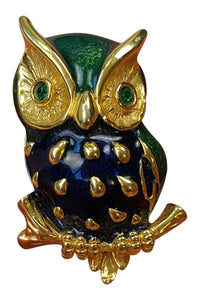 OWL BROOCH Gold Plated Enamelled Green Gem In Lay Eyes-Unbranded-The Freperie
