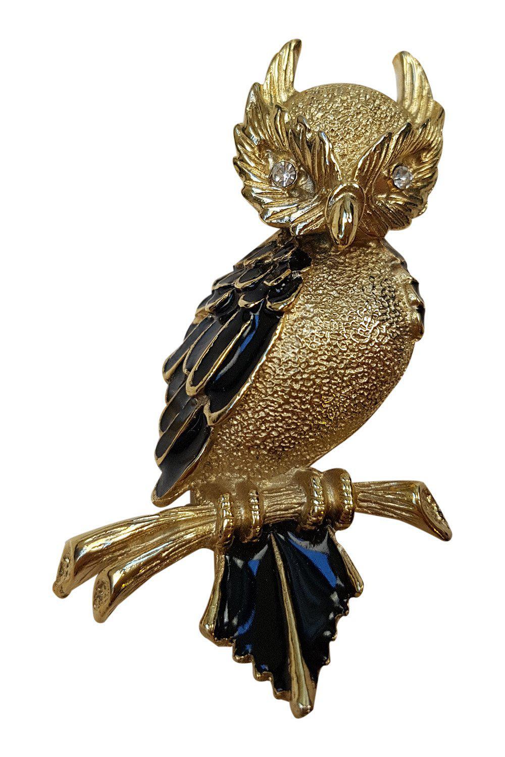 OWL BROOCH Vintage Gold Tone White Crystal Eyes Black Enamel Feathers-Celtic Lands-The Freperie
