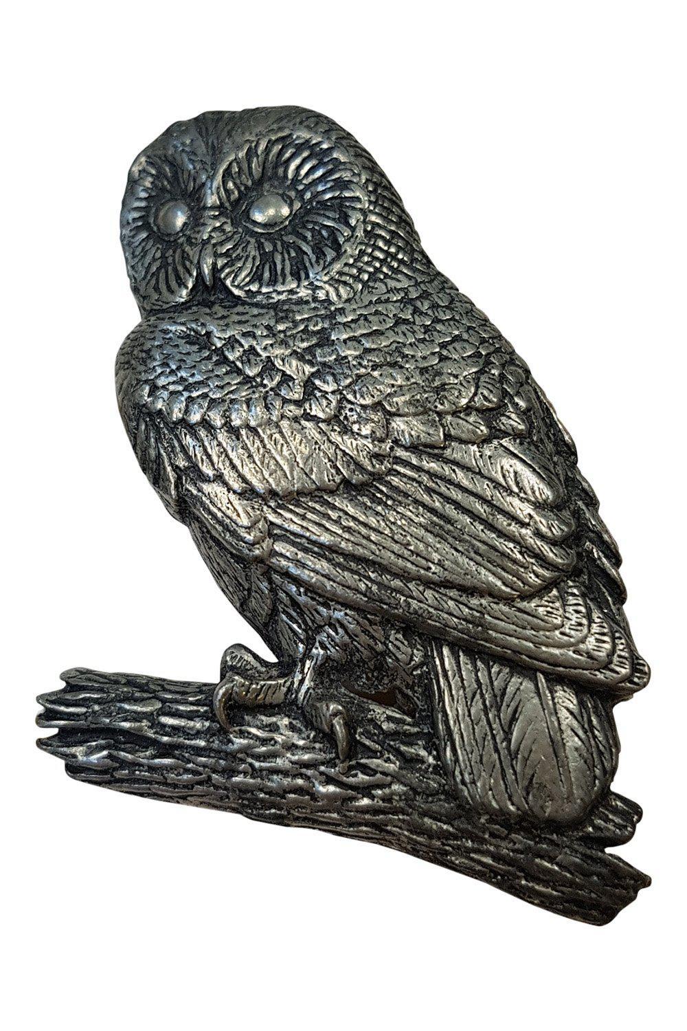 OWL BROOCH Vintage Pewter Tawny Owl on Matching Pewter Branch-Unbranded-The Freperie