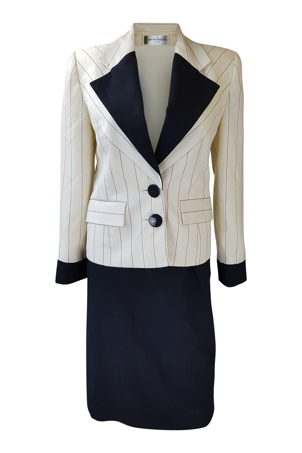 PIERRE BALMAIN Paris Cream and Black Pinstripe Vintage Skirt Suit (FR 36)-Pierre Balmain-The Freperie