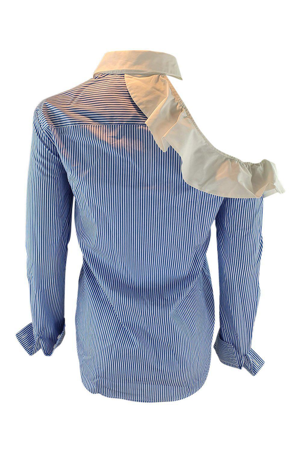 PINKO White Collar Blue Stripes Off Shoulder Shirt (UK 10)-Pinko-The Freperie