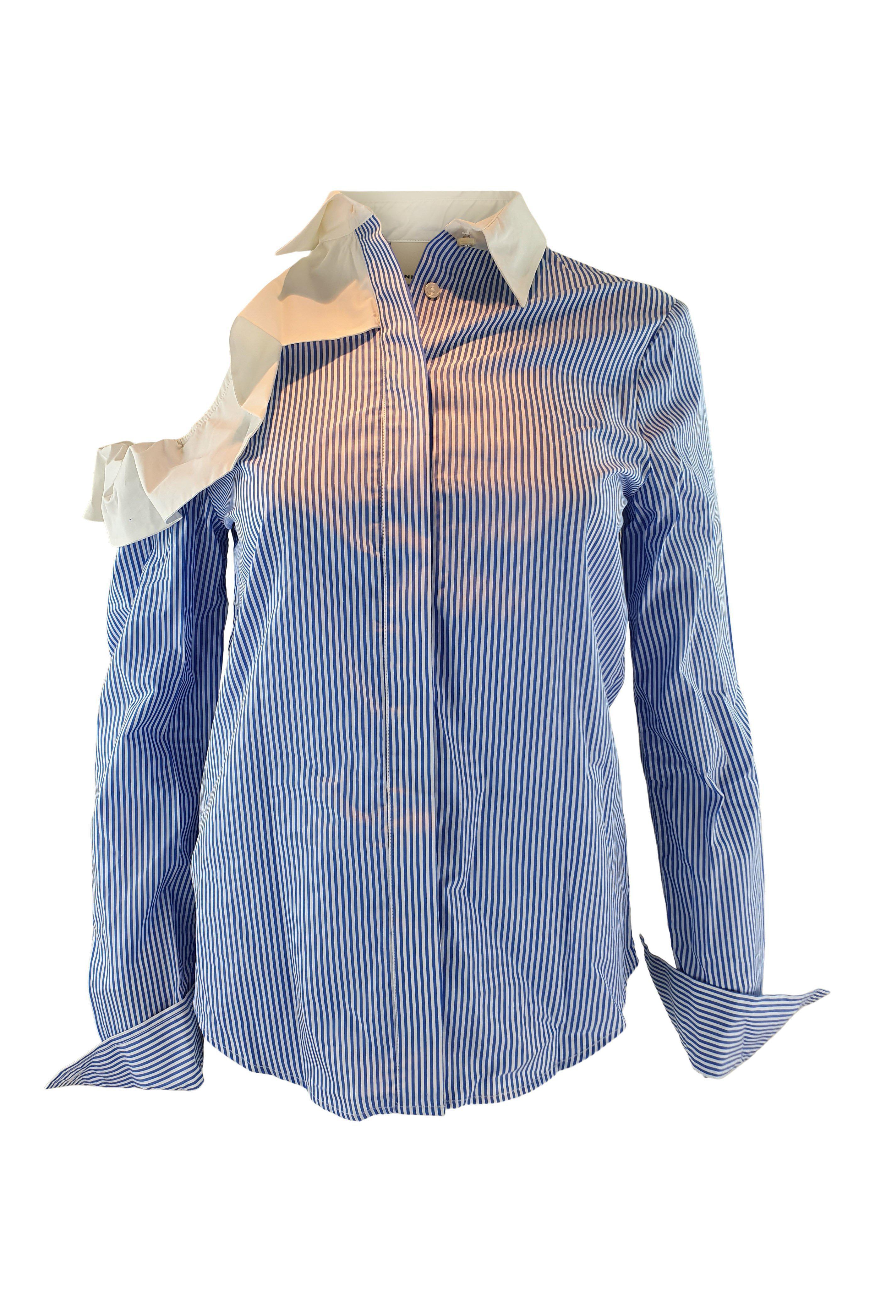 PINKO White Collar Blue Stripes Off Shoulder Shirt (UK 8)-Pinko-The Freperie