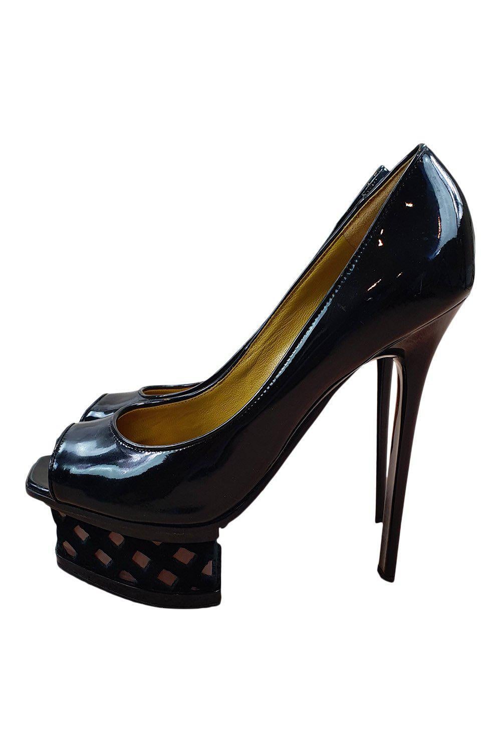 POLLINI Black Patent Leather Peep Toe Platform Heel (39)-Pollini-The Freperie