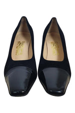 Load image into Gallery viewer, SALVATORE FERRAGAMO Black Suede Patent Leather Tip Court Shoes (10 B)-The Freperie
