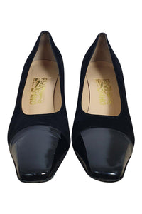 SALVATORE FERRAGAMO Black Suede Patent Leather Tip Court Shoes (10 B)-The Freperie
