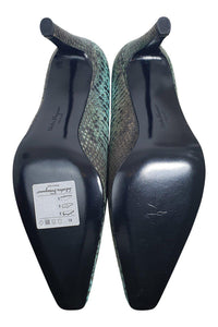 SALVATORE FERRAGAMO Blue Python Leather Almond Toe Pumps (9 B)-The Freperie