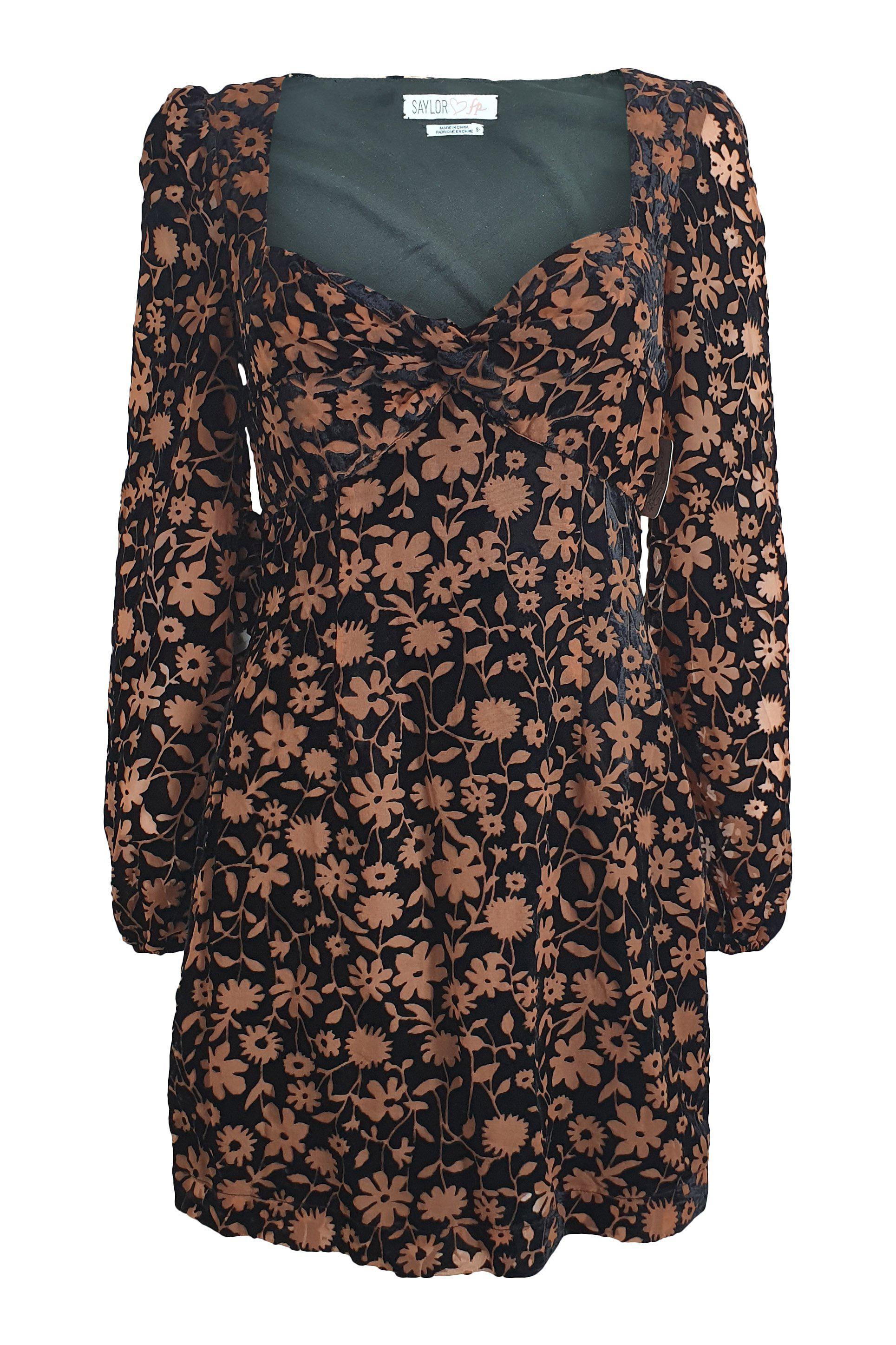 SAYLOR Noah Brown Black Velvet Long Sleeved Mini Dress (S)-Saylor-The Freperie