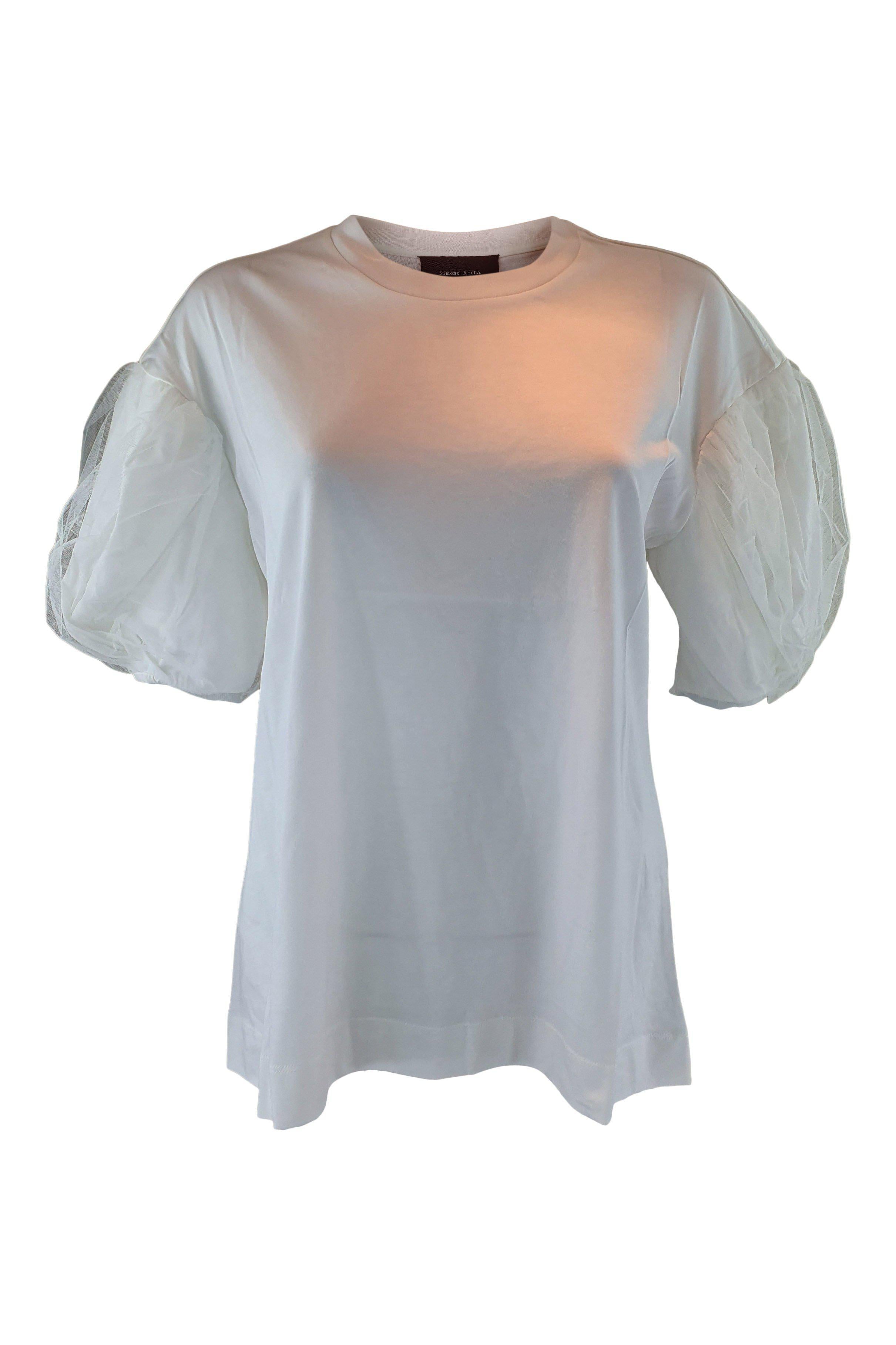 SIMONE ROCHA White Cotton Jersey T-Shirt With Tulle Layer Puff Sleeves (M)-Simone Rocha-The Freperie