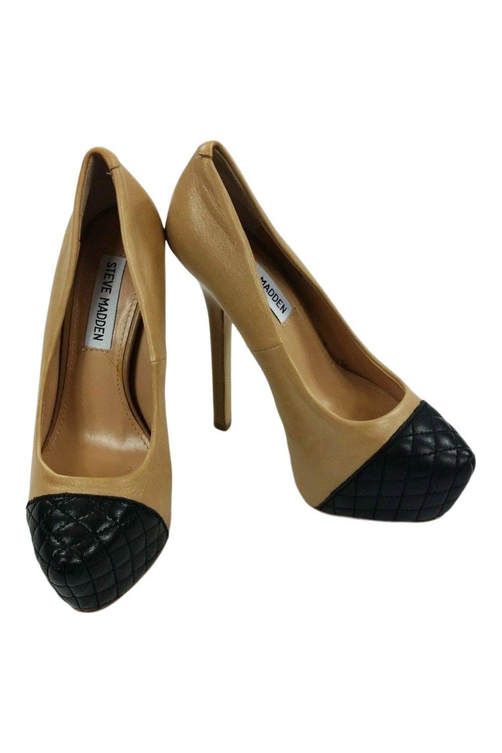 STEVE MADDEN Beauty Beige Leather Black Quilt Toe Platform Heels (USA 5.5 | UK 3.5)-The Freperie