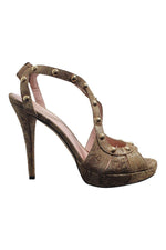 Load image into Gallery viewer, STUART WEITZMAN Russell &amp; Bromley Curvy Studded Gold Stiletto Heels (9)-The Freperie
