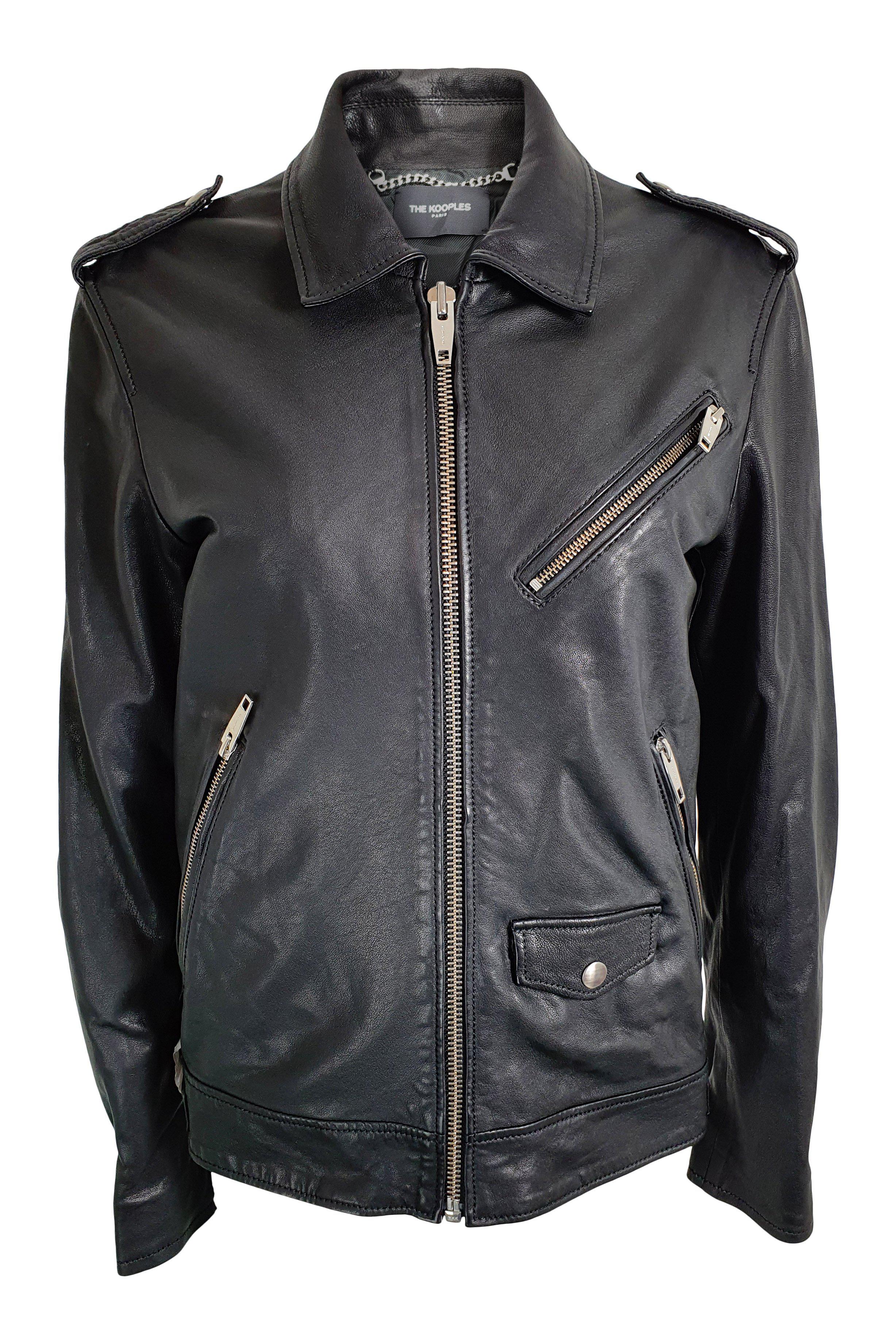 THE KOOPLES Black Washed Lambs Leather Zip Front Biker Jacket (XS)-The Kooples-The Freperie