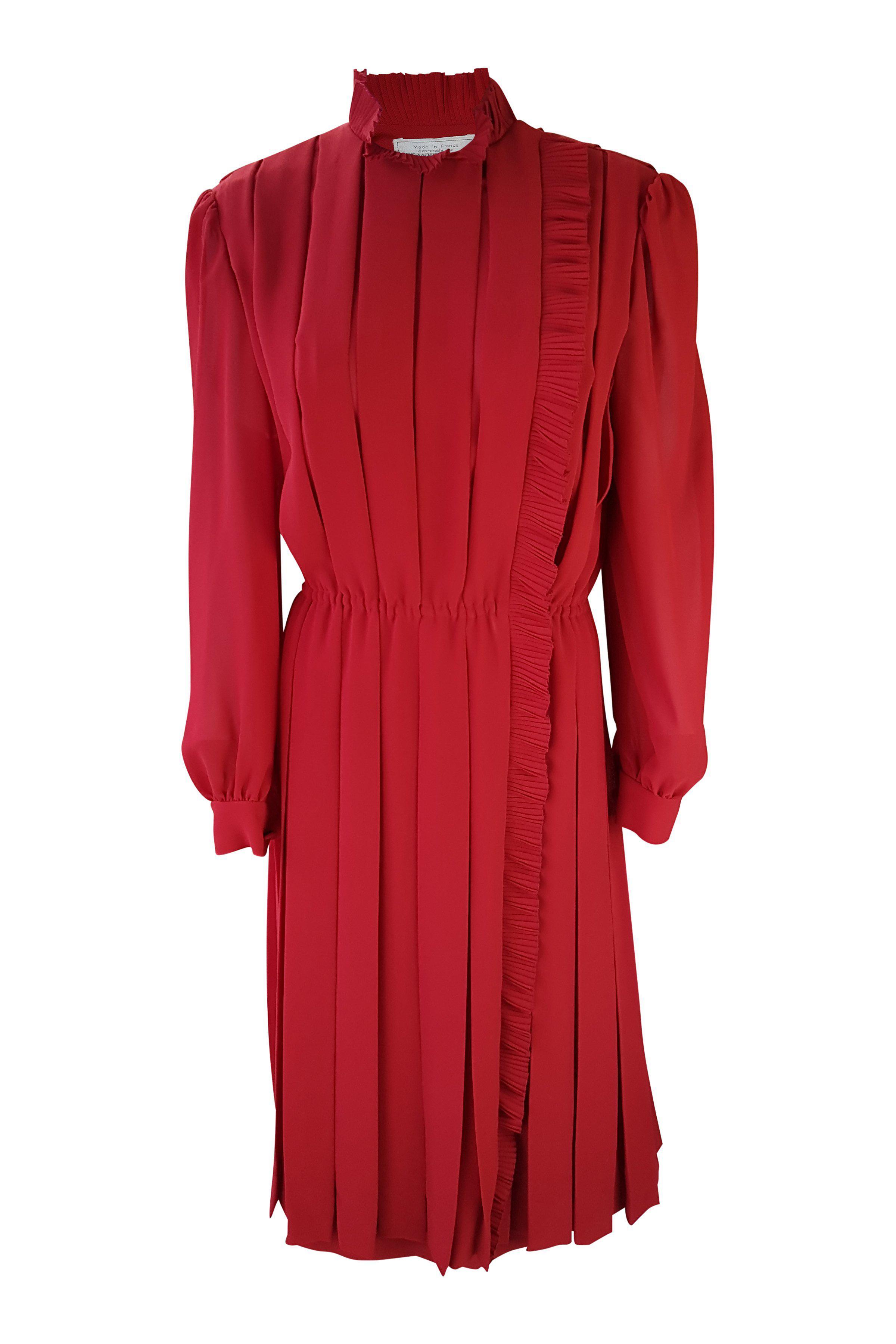 THE WHITE HOUSE Vintage Red Pleated Long Sleeve Dress (44)-The White House-The Freperie