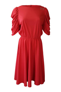 UNBRANDED Vintage Red Puffed Sleeved Diamante Bow Dress-The Freperie-The Freperie