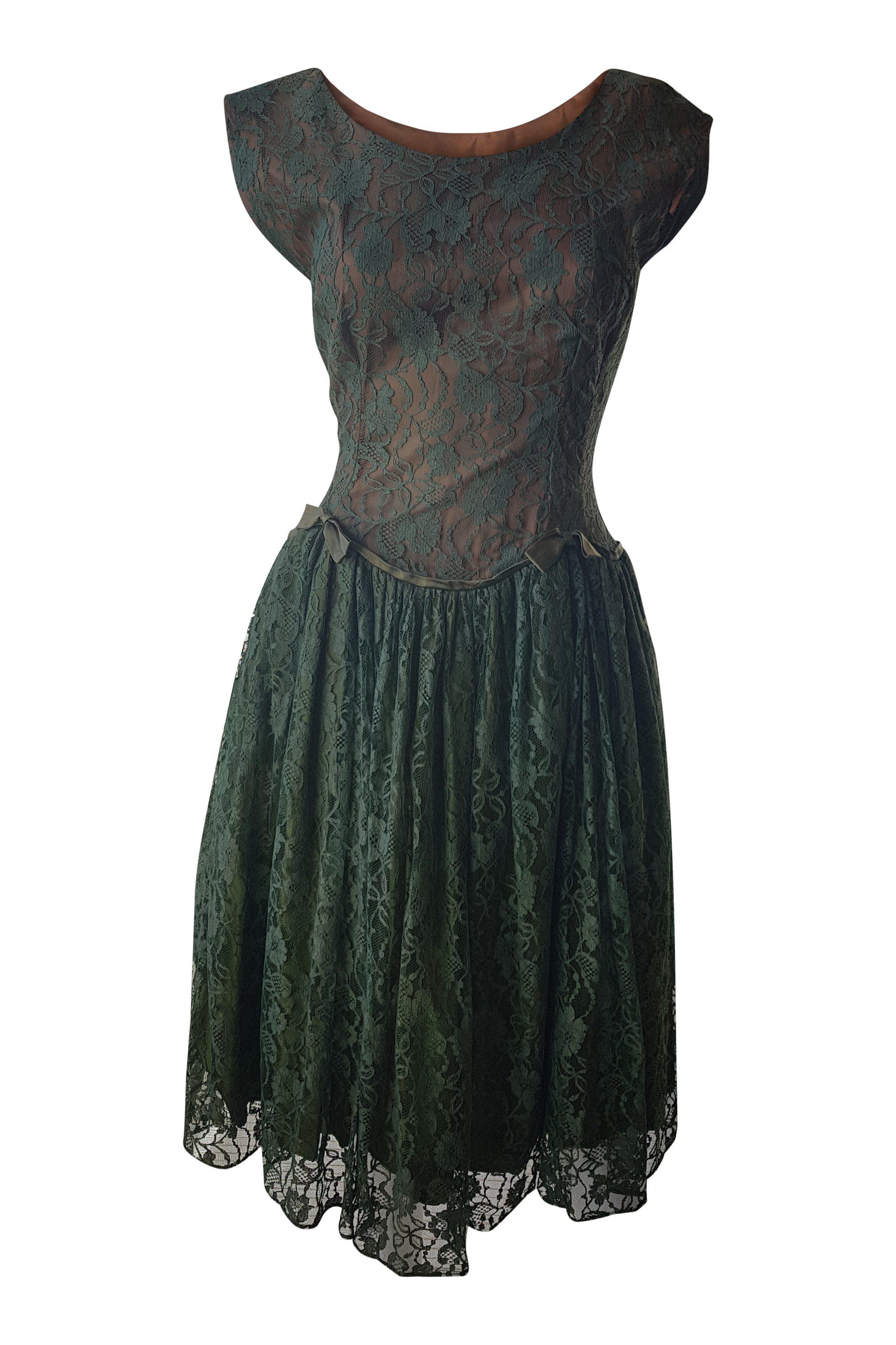 UNLABELLED Vintage Green Lace Fit and Flare Pin Up Dress (36 | XS | UK The Freperie UNLABELLED Vintage Green Lace Fit and Flare Pin Up Dress (36 | XS | UK The Freperie