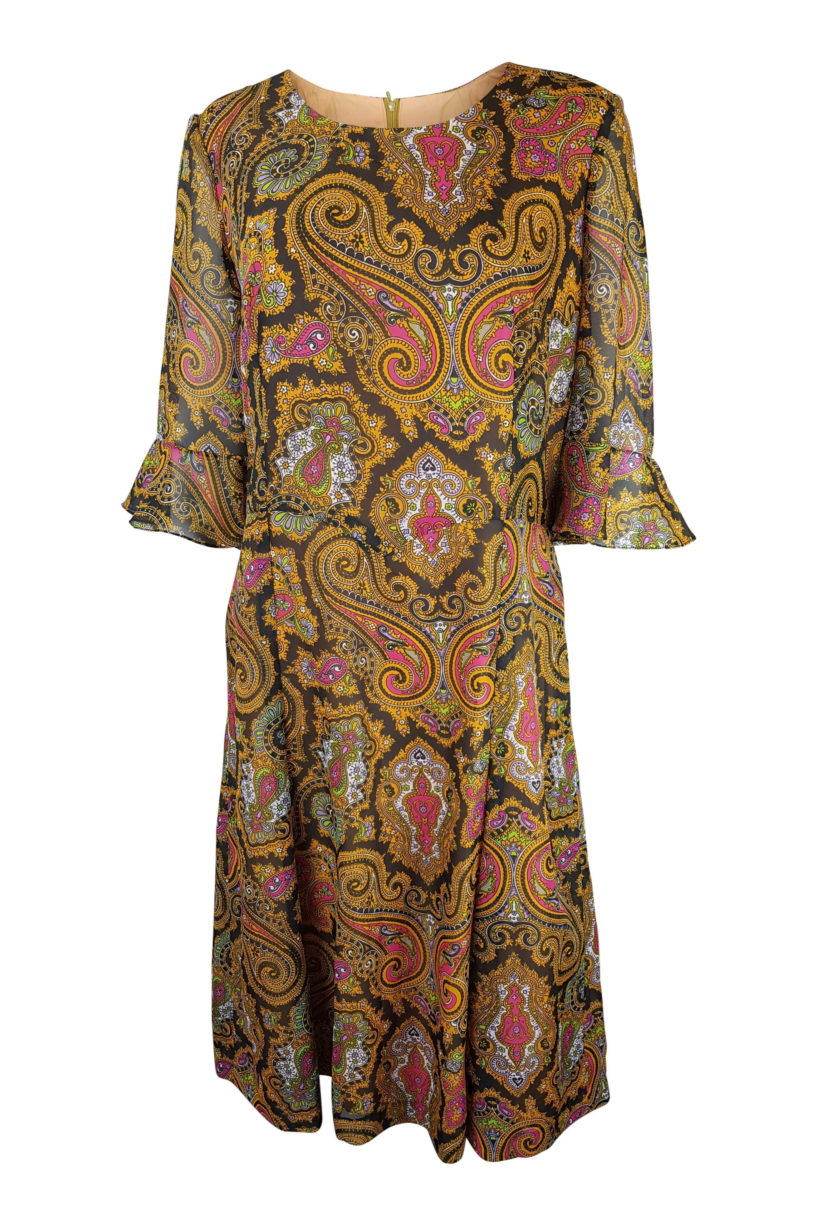 UNLABELLED Vintage Paisley Orange Long Sleeve Dress (M)-Unlabelled-The Freperie