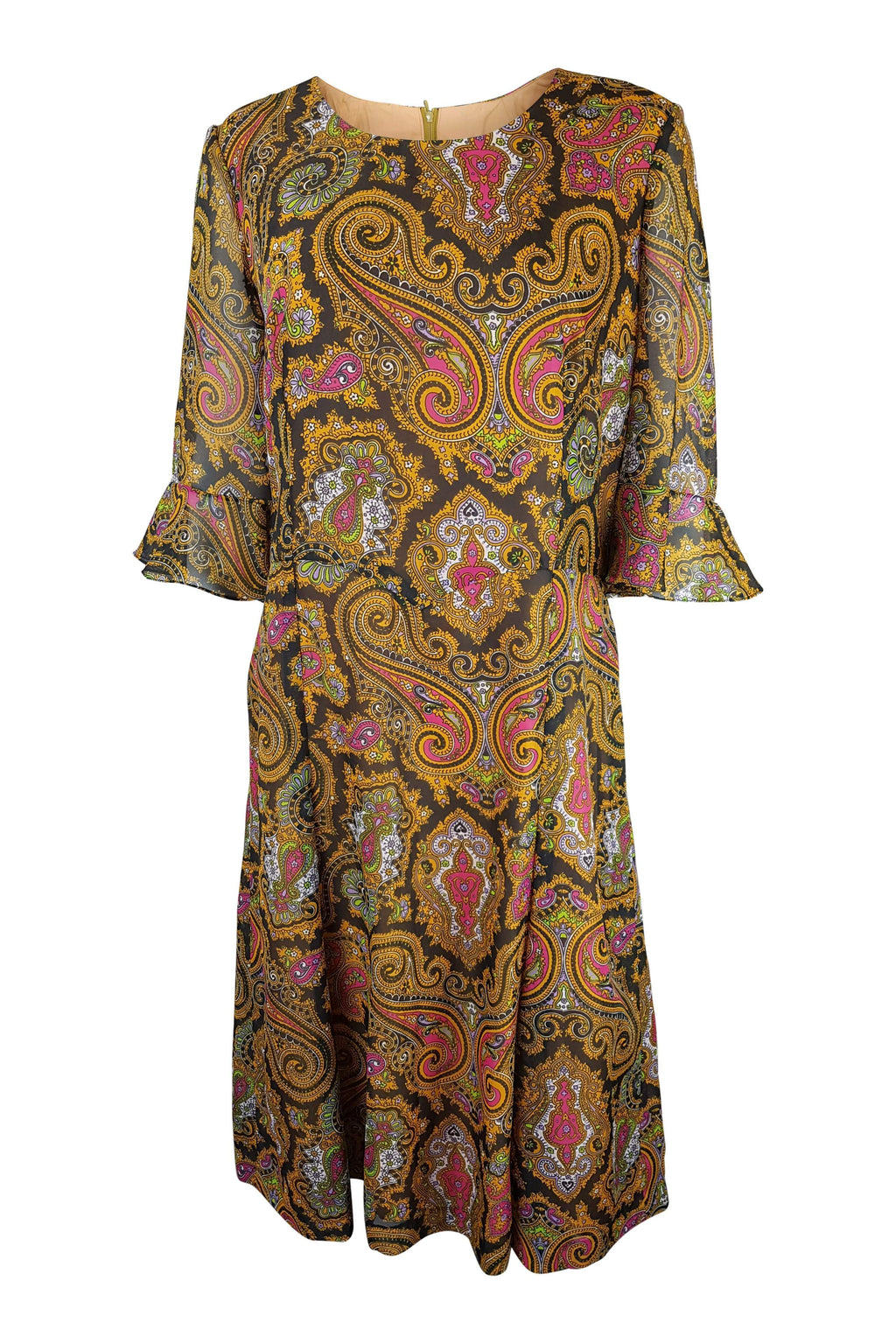UNLABELLED Vintage Paisley Orange Long Sleeve Dress (M)-Unlabelled-The Freperie